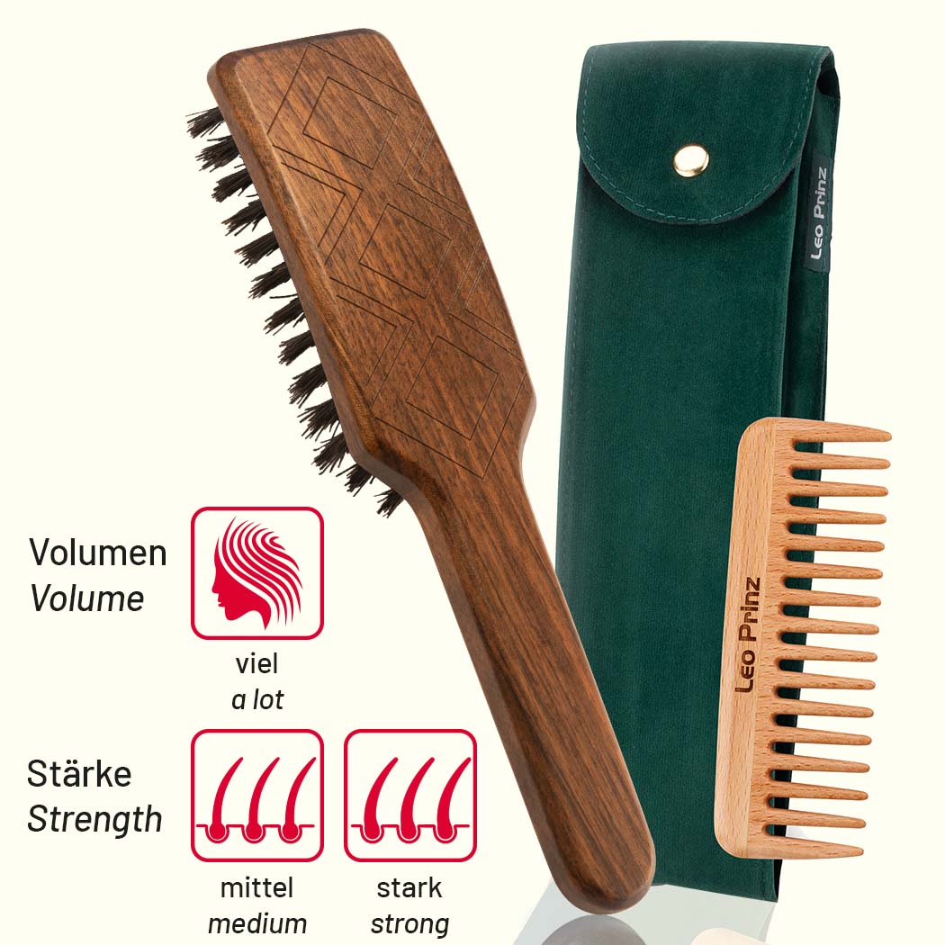 Natural hair brush with wild boar bristles and wooden handle, includes a comb, ideal for shiny and voluminous hair.