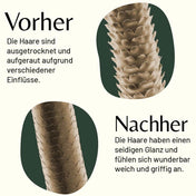Vorher-Nachher Vergleich zur Haarpflege mit Handeingezogener Wildschweinborstenbürste für glänzende, gesunde Haare.