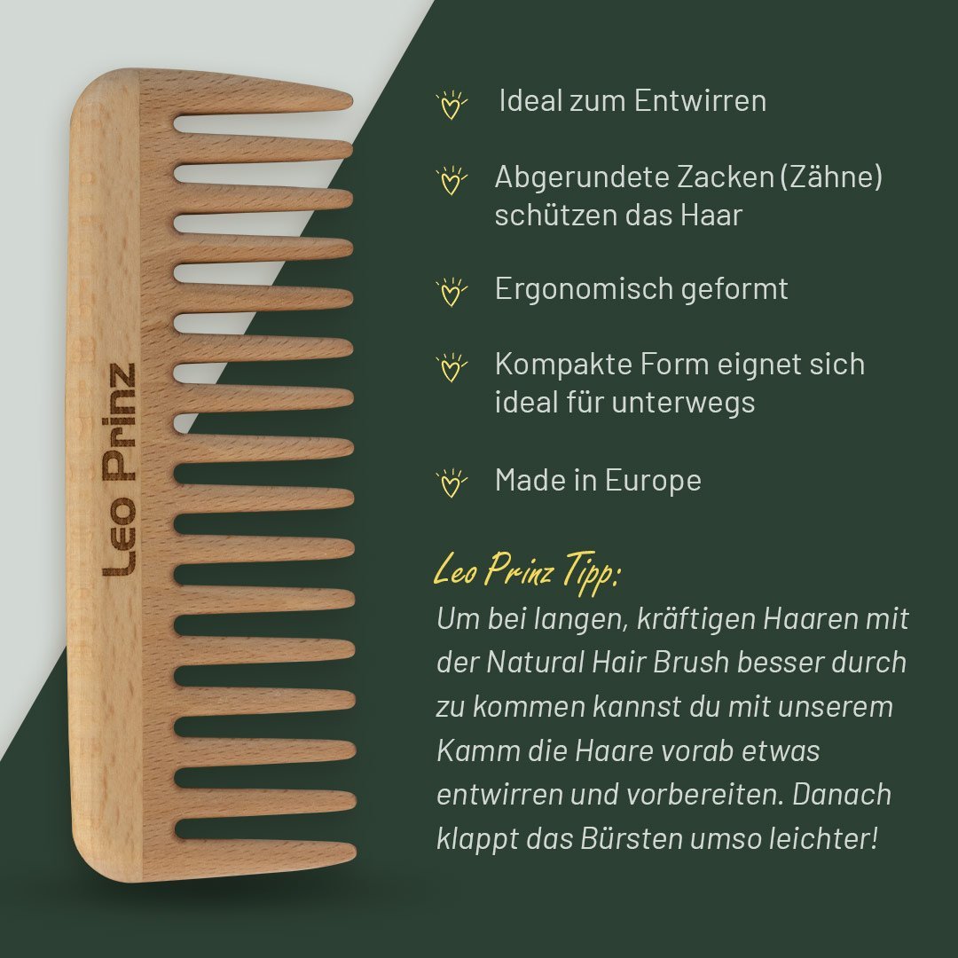 Detangling comb by Leo Prinz, ergonomically designed, ideal for untangling hair, made in Europe, featuring rounded teeth for protection.